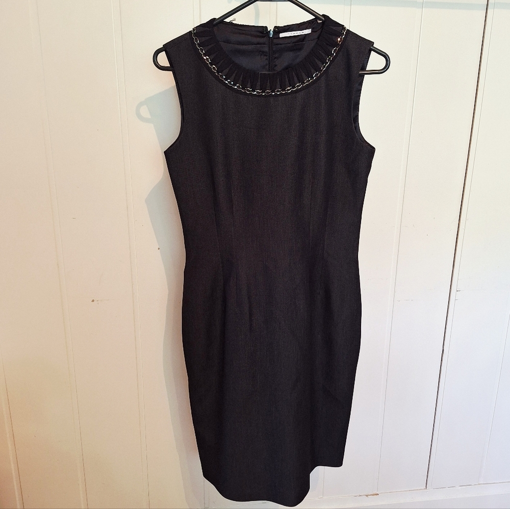 Tahari Charcoal Chain-Accent Sleeveless Midi Dress Size 4 Very Good Condition